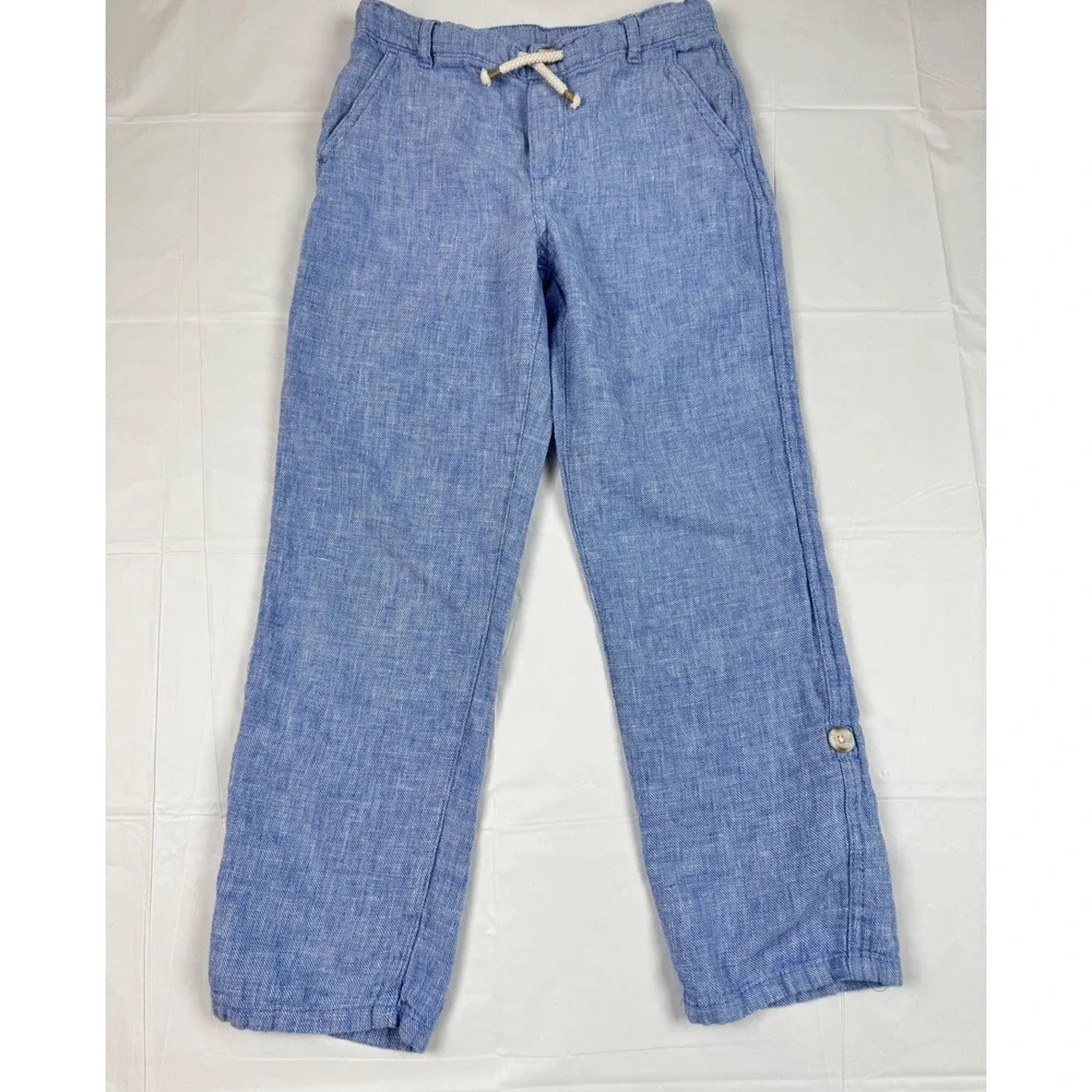 Gymboree Boys Blue Linen Blend Pants Roll Tab Trousers Size 8 Drawstring Summer